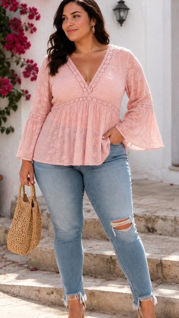 NWT Torrid FESTI OO M/L V-Neckline Bell Sleeve Pink Babydoll Blouse